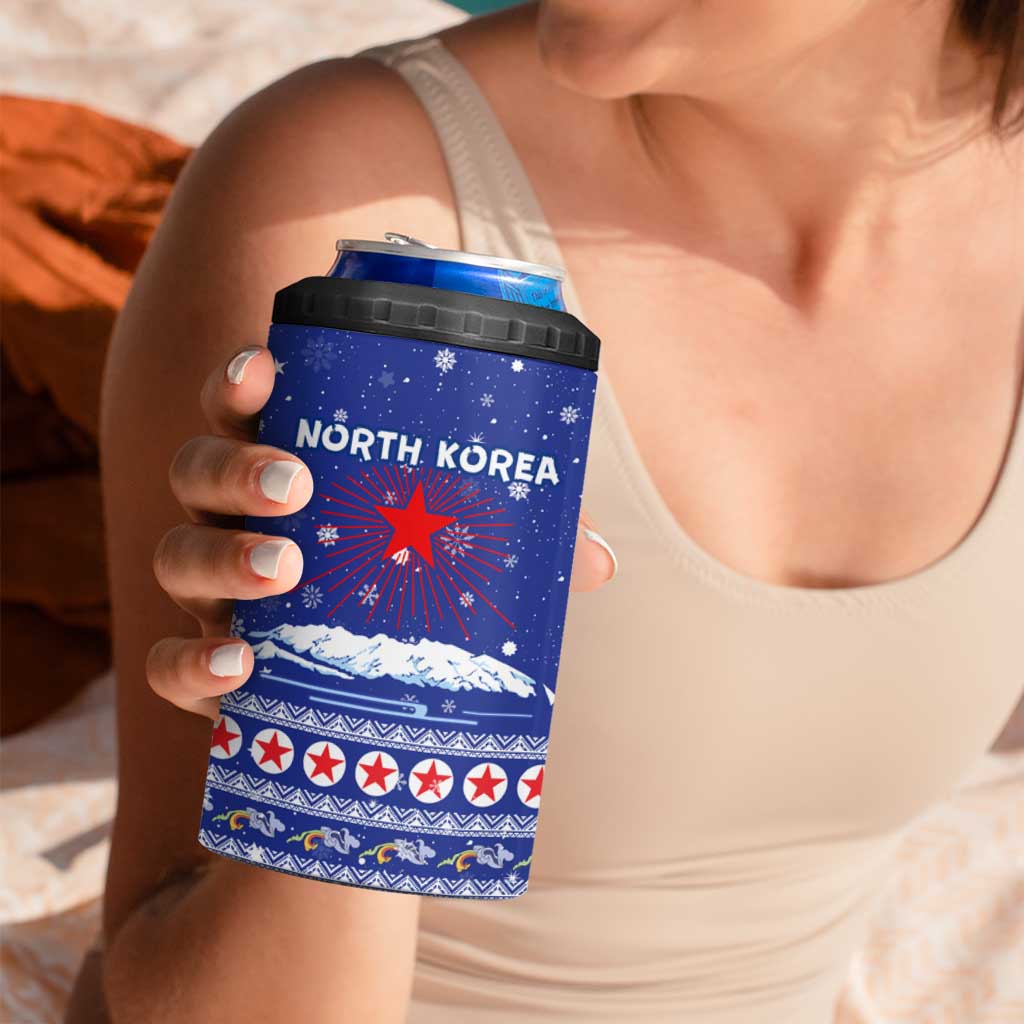 North Korea Christmas 4 in 1 Can Cooler Tumbler with Blue Pattern, Red Star, and Snowy Mountain Motif - Wonder Print Shop