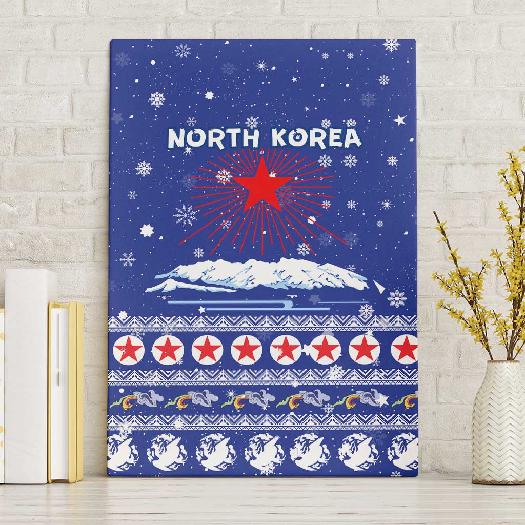North Korea Christmas Canvas Wall Art with Blue Pattern, Red Star, and Snowy Mountain Motif - Wonder Print Shop