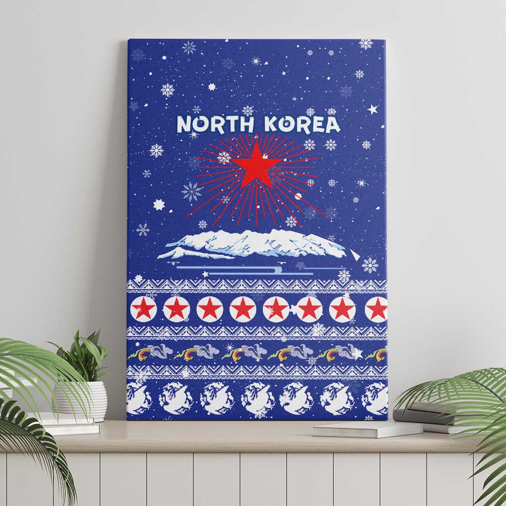 North Korea Christmas Canvas Wall Art with Blue Pattern, Red Star, and Snowy Mountain Motif - Wonder Print Shop