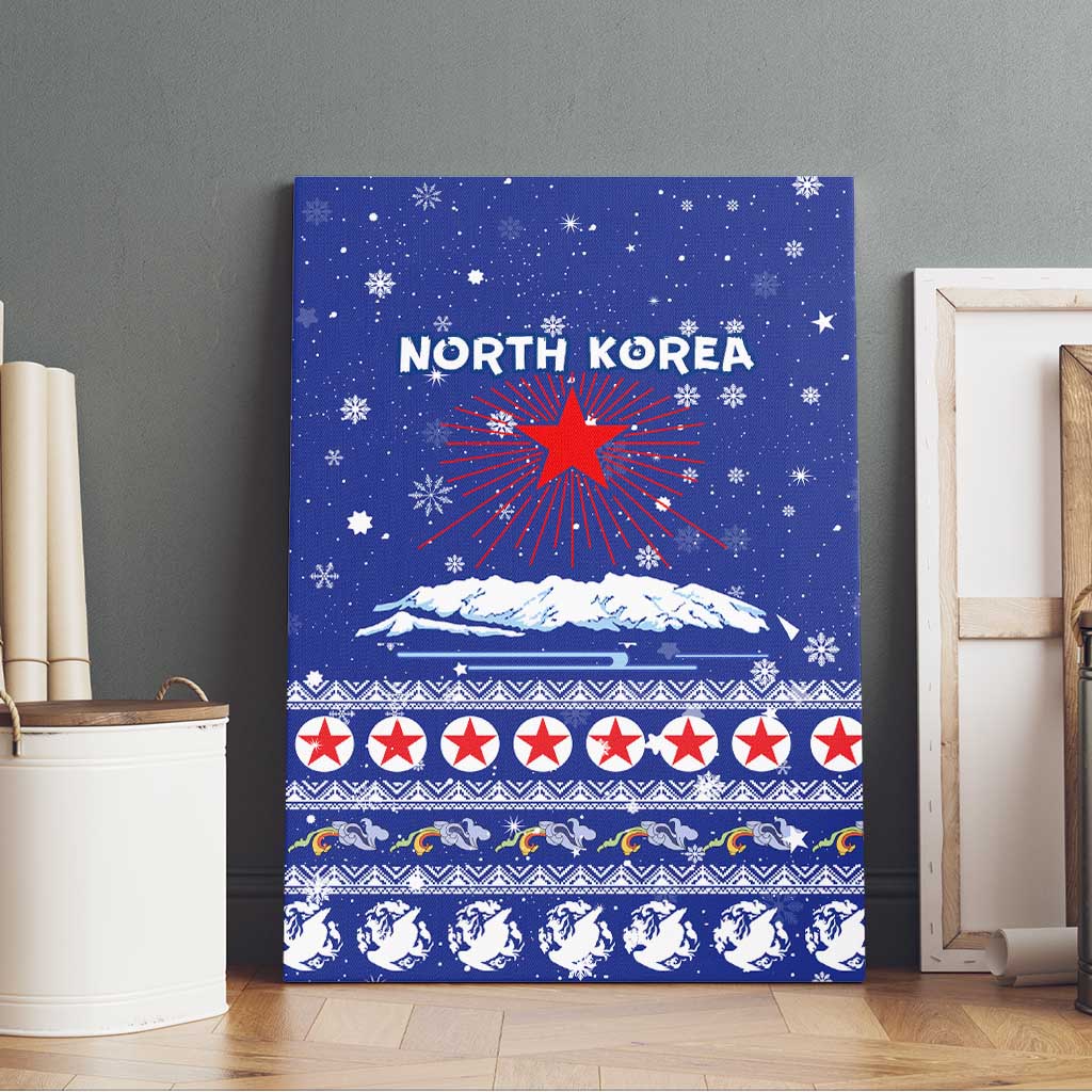 North Korea Christmas Canvas Wall Art with Blue Pattern, Red Star, and Snowy Mountain Motif - Wonder Print Shop