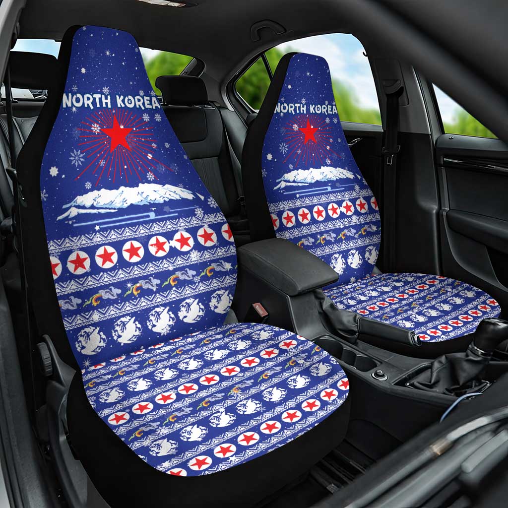 North Korea Christmas Car Seat Cover with Blue Pattern, Red Star, and Snowy Mountain Motif - Wonder Print Shop