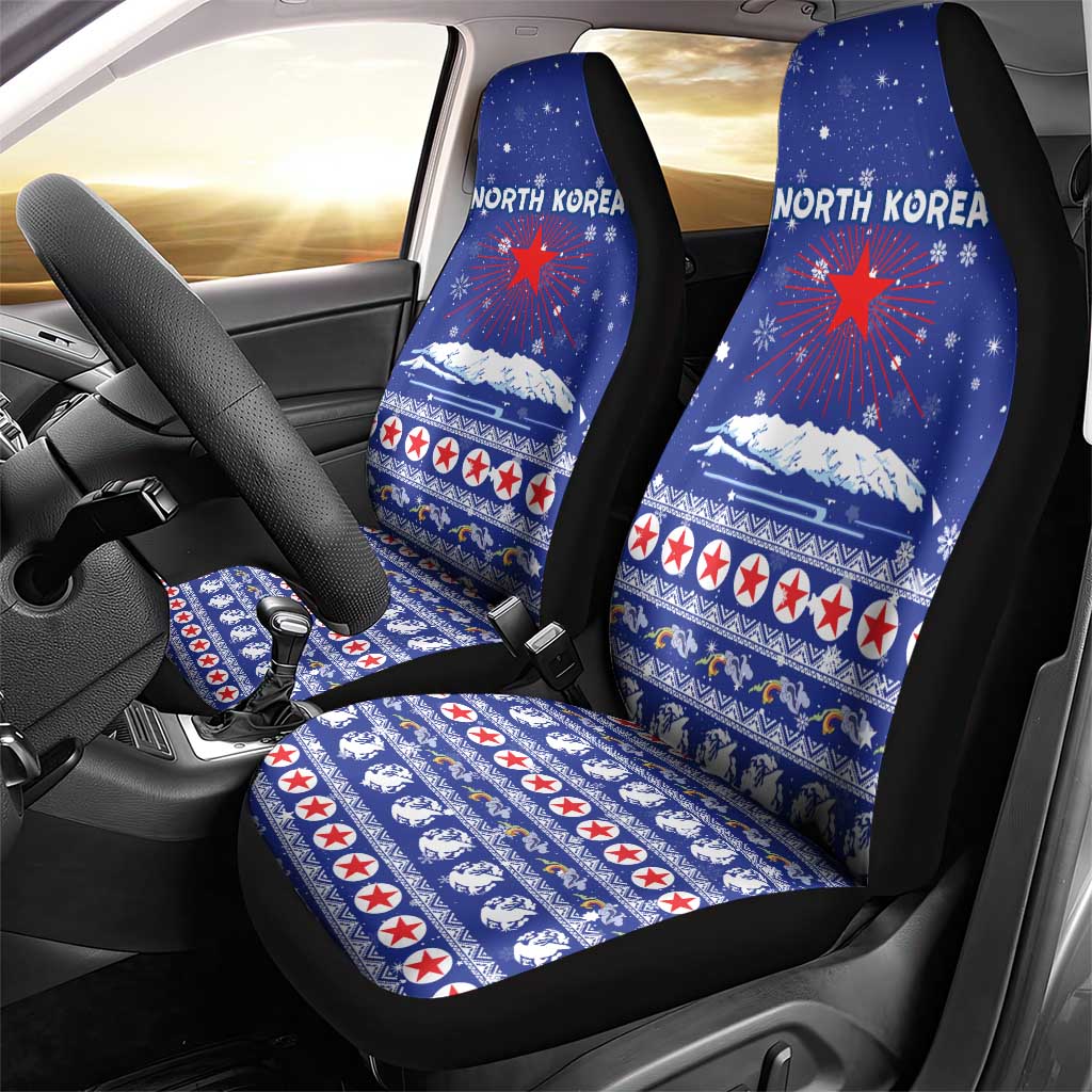 North Korea Christmas Car Seat Cover with Blue Pattern, Red Star, and Snowy Mountain Motif - Wonder Print Shop