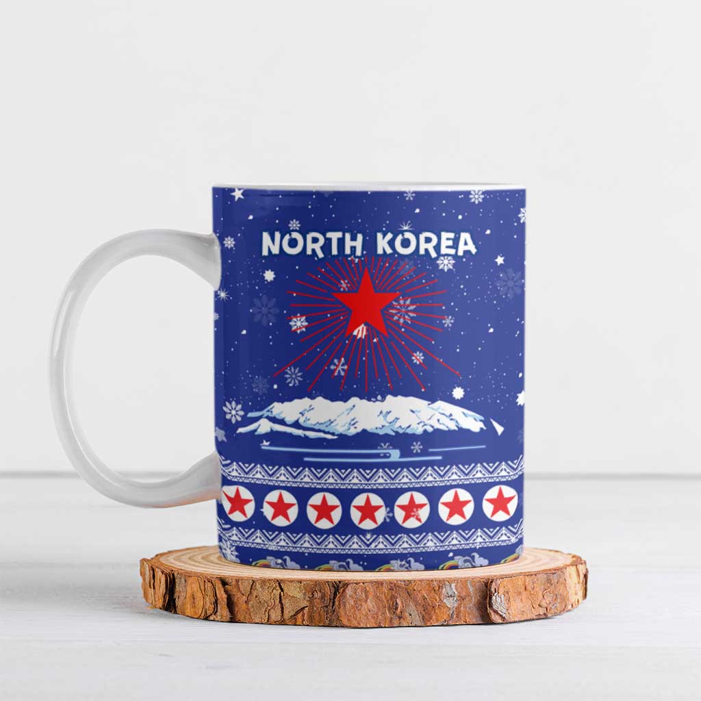 North Korea Christmas Ceramic Mug with Blue Pattern, Red Star, and Snowy Mountain Motif - Wonder Print Shop