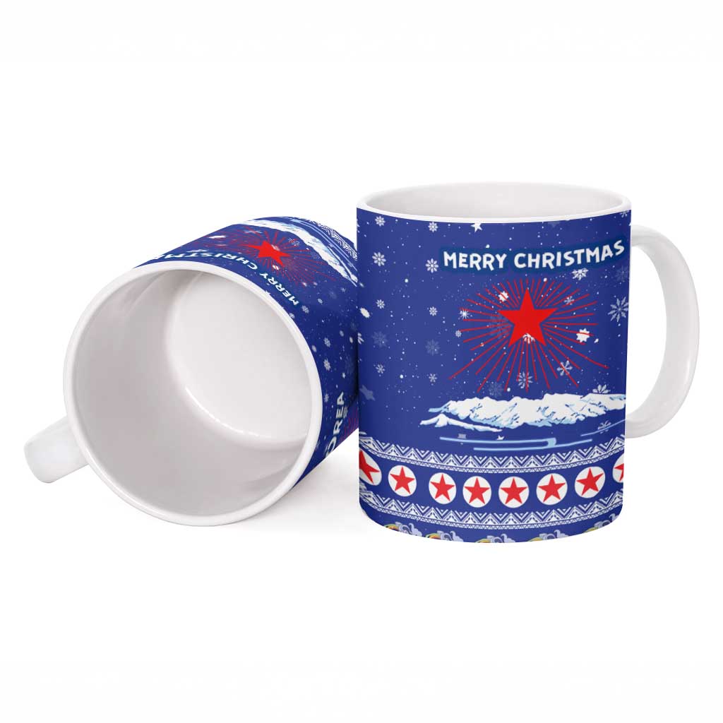 North Korea Christmas Ceramic Mug with Blue Pattern, Red Star, and Snowy Mountain Motif - Wonder Print Shop