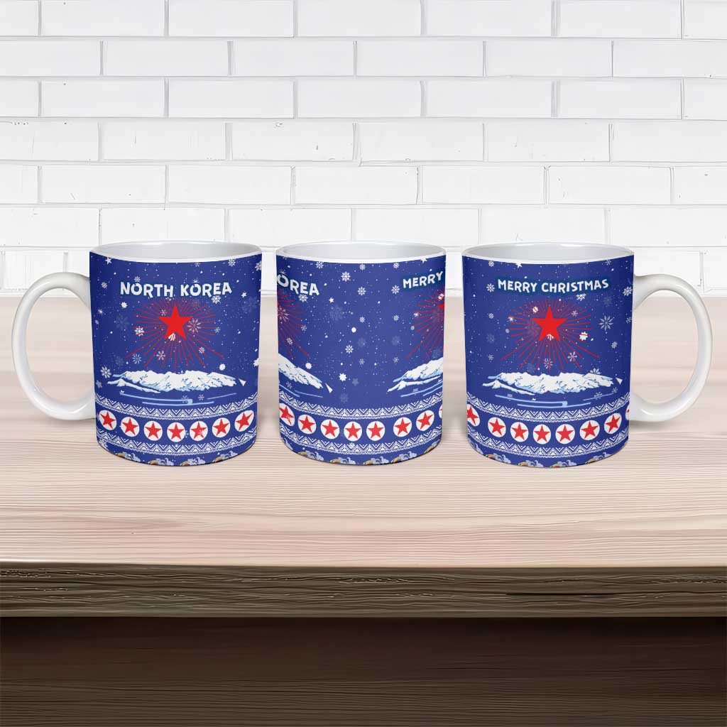 North Korea Christmas Ceramic Mug with Blue Pattern, Red Star, and Snowy Mountain Motif - Wonder Print Shop
