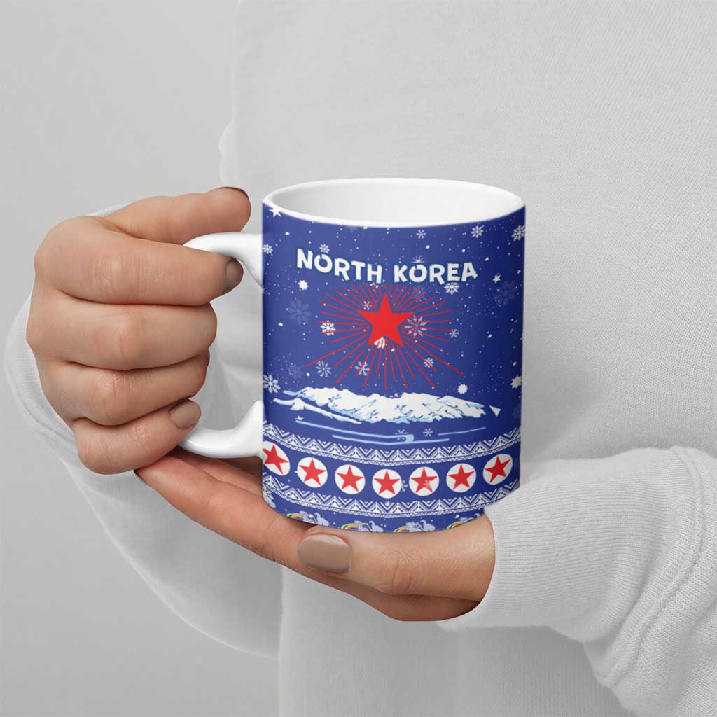 North Korea Christmas Ceramic Mug with Blue Pattern, Red Star, and Snowy Mountain Motif - Wonder Print Shop