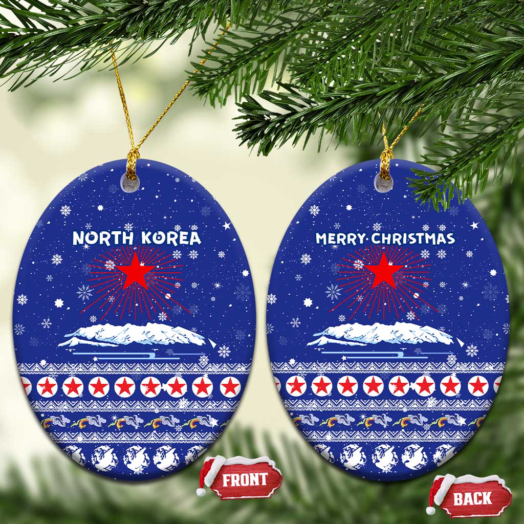 North Korea Christmas Ceramic Ornament with Blue Pattern, Red Star, and Snowy Mountain Motif - Wonder Print Shop