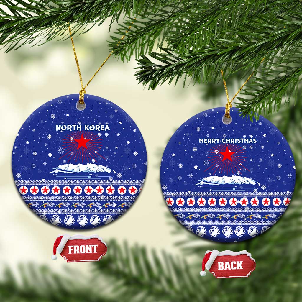 North Korea Christmas Ceramic Ornament with Blue Pattern, Red Star, and Snowy Mountain Motif - Wonder Print Shop