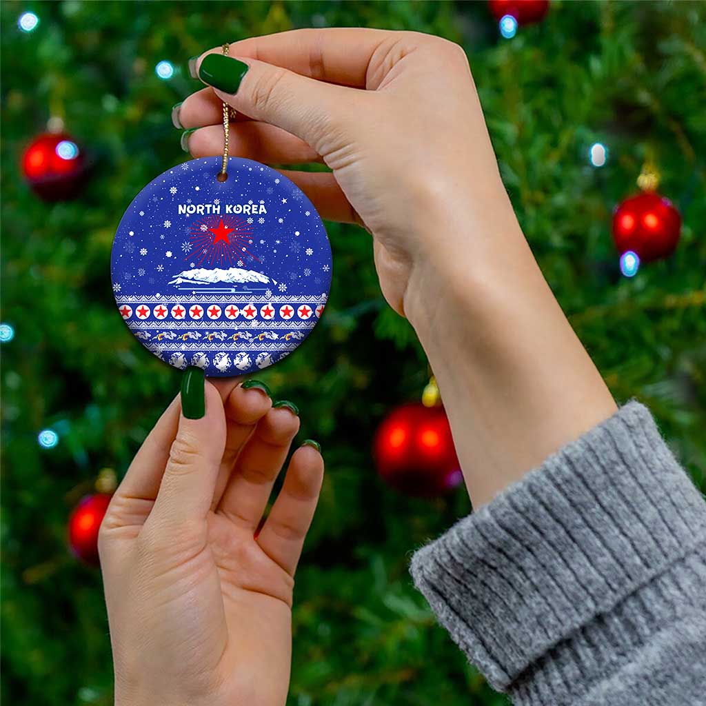 North Korea Christmas Ceramic Ornament with Blue Pattern, Red Star, and Snowy Mountain Motif - Wonder Print Shop