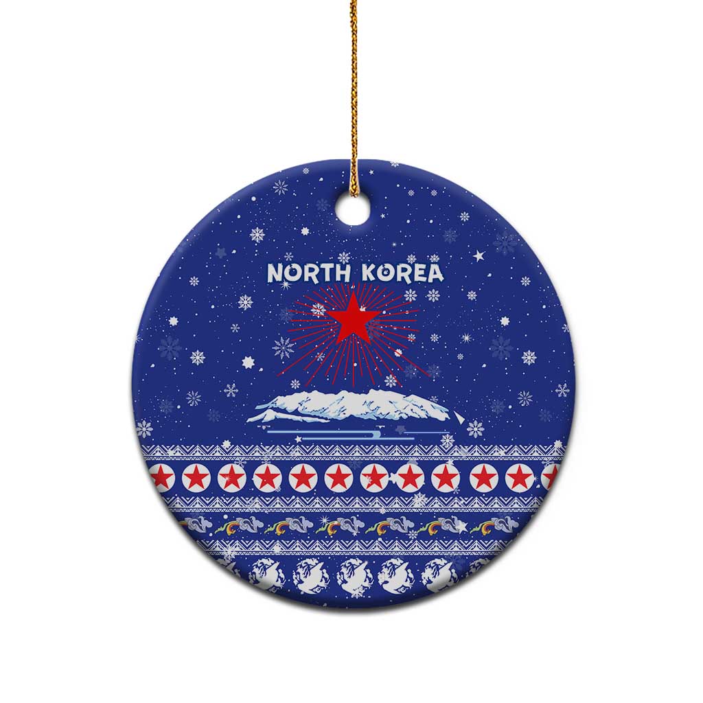 North Korea Christmas Ceramic Ornament with Blue Pattern, Red Star, and Snowy Mountain Motif - Wonder Print Shop
