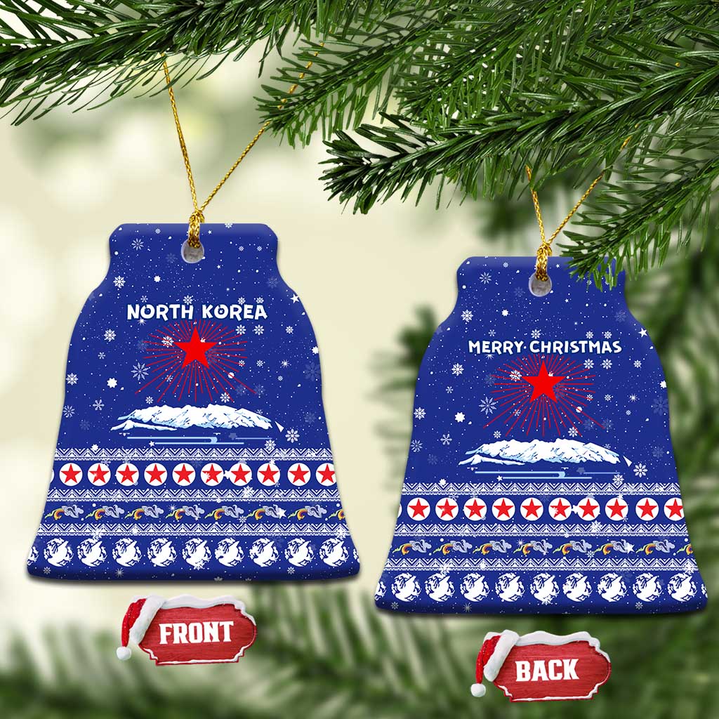 North Korea Christmas Ceramic Ornament with Blue Pattern, Red Star, and Snowy Mountain Motif - Wonder Print Shop