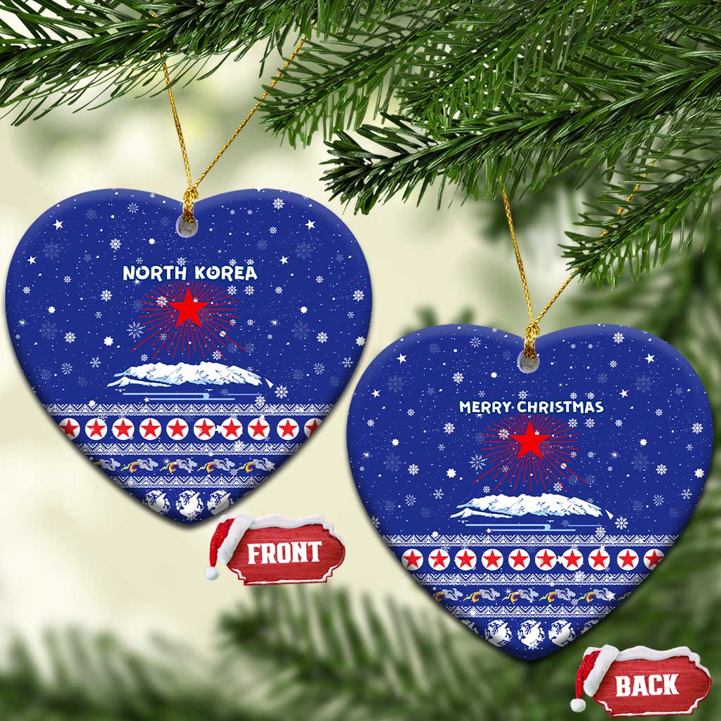 North Korea Christmas Ceramic Ornament with Blue Pattern, Red Star, and Snowy Mountain Motif - Wonder Print Shop