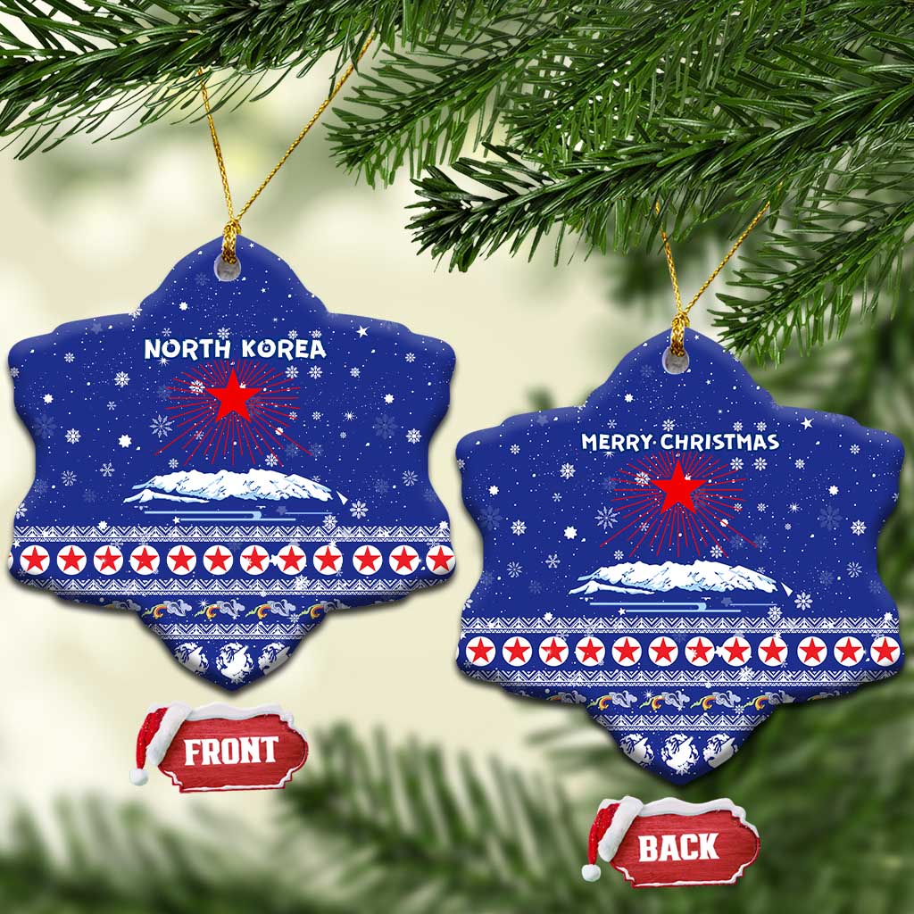 North Korea Christmas Ceramic Ornament with Blue Pattern, Red Star, and Snowy Mountain Motif - Wonder Print Shop