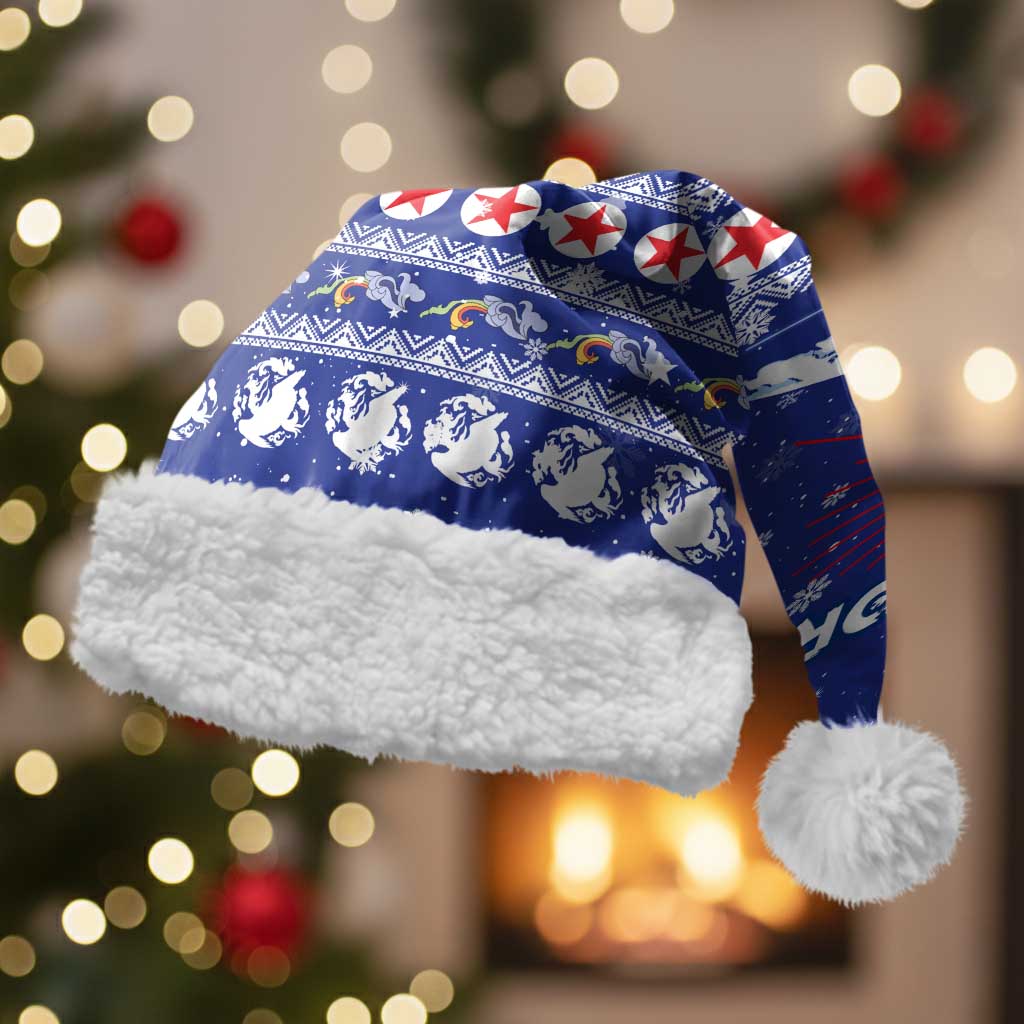 North Korea Christmas Santa Hat with Blue Pattern, Red Star, and Snowy Mountain Motif - Wonder Print Shop