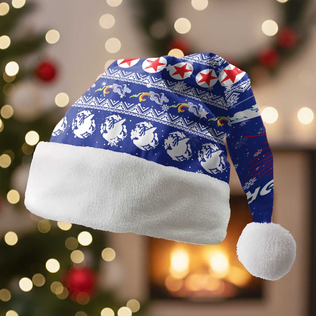North Korea Christmas Santa Hat with Blue Pattern, Red Star, and Snowy Mountain Motif - Wonder Print Shop