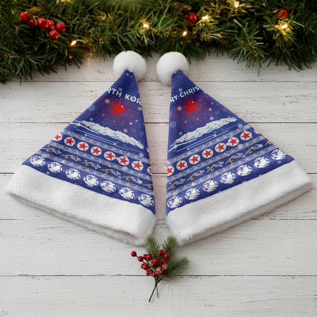 North Korea Christmas Santa Hat with Blue Pattern, Red Star, and Snowy Mountain Motif - Wonder Print Shop
