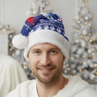 North Korea Christmas Santa Hat with Blue Pattern, Red Star, and Snowy Mountain Motif - Wonder Print Shop