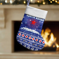 North Korea Christmas Stocking with Blue Pattern, Red Star, and Snowy Mountain Motif - Wonder Print Shop