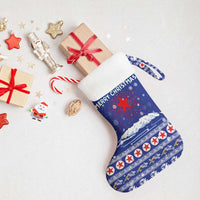 North Korea Christmas Stocking with Blue Pattern, Red Star, and Snowy Mountain Motif - Wonder Print Shop