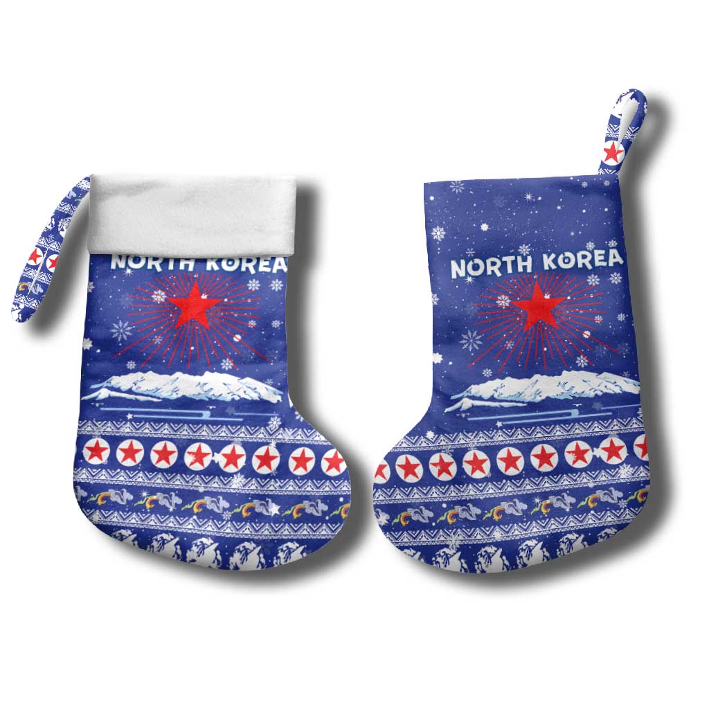 North Korea Christmas Stocking with Blue Pattern, Red Star, and Snowy Mountain Motif - Wonder Print Shop