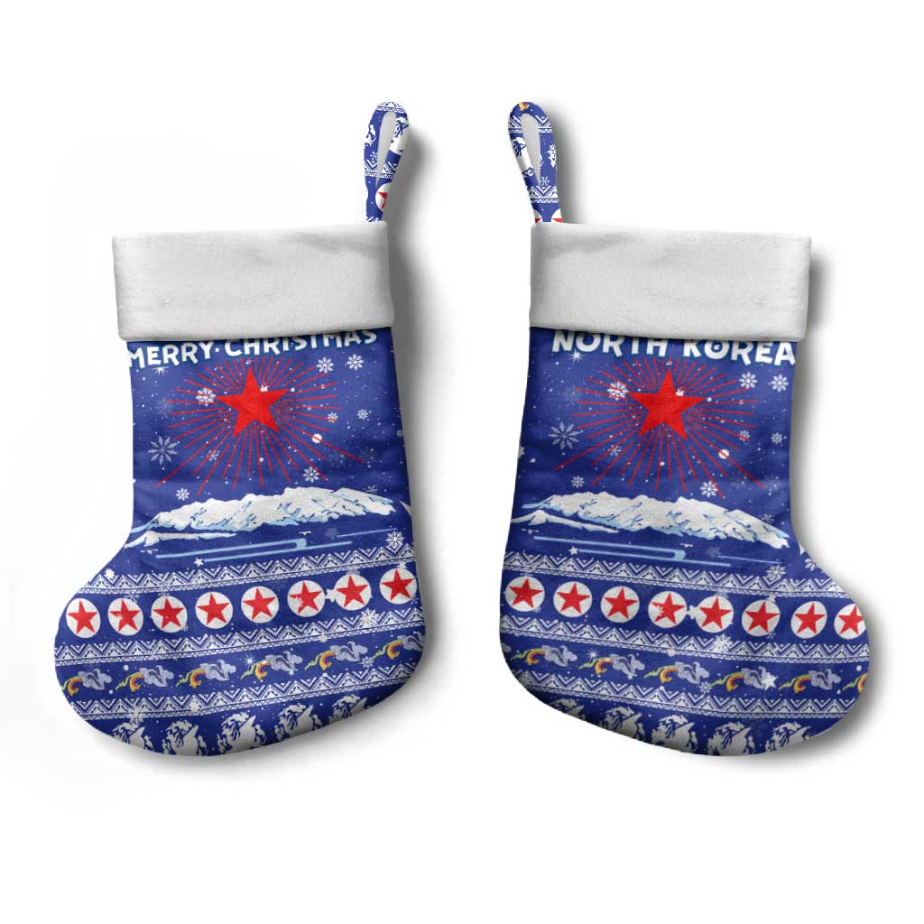 North Korea Christmas Stocking with Blue Pattern, Red Star, and Snowy Mountain Motif - Wonder Print Shop