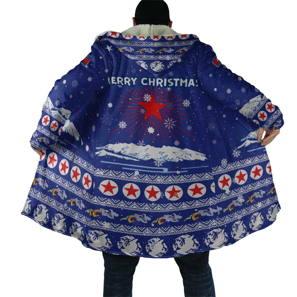 North Korea Christmas Cloak with Blue Pattern, Red Star, and Snowy Mountain Motif - Wonder Print Shop