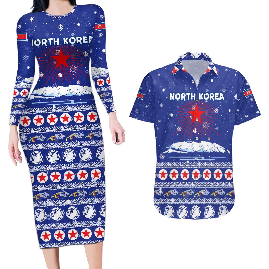 North Korea Christmas Couples Matching Long Sleeve Bodycon Dress and Hawaiian Shirt with Blue Pattern, Red Star, and Snowy Mountain Motif - Wonder Print Shop