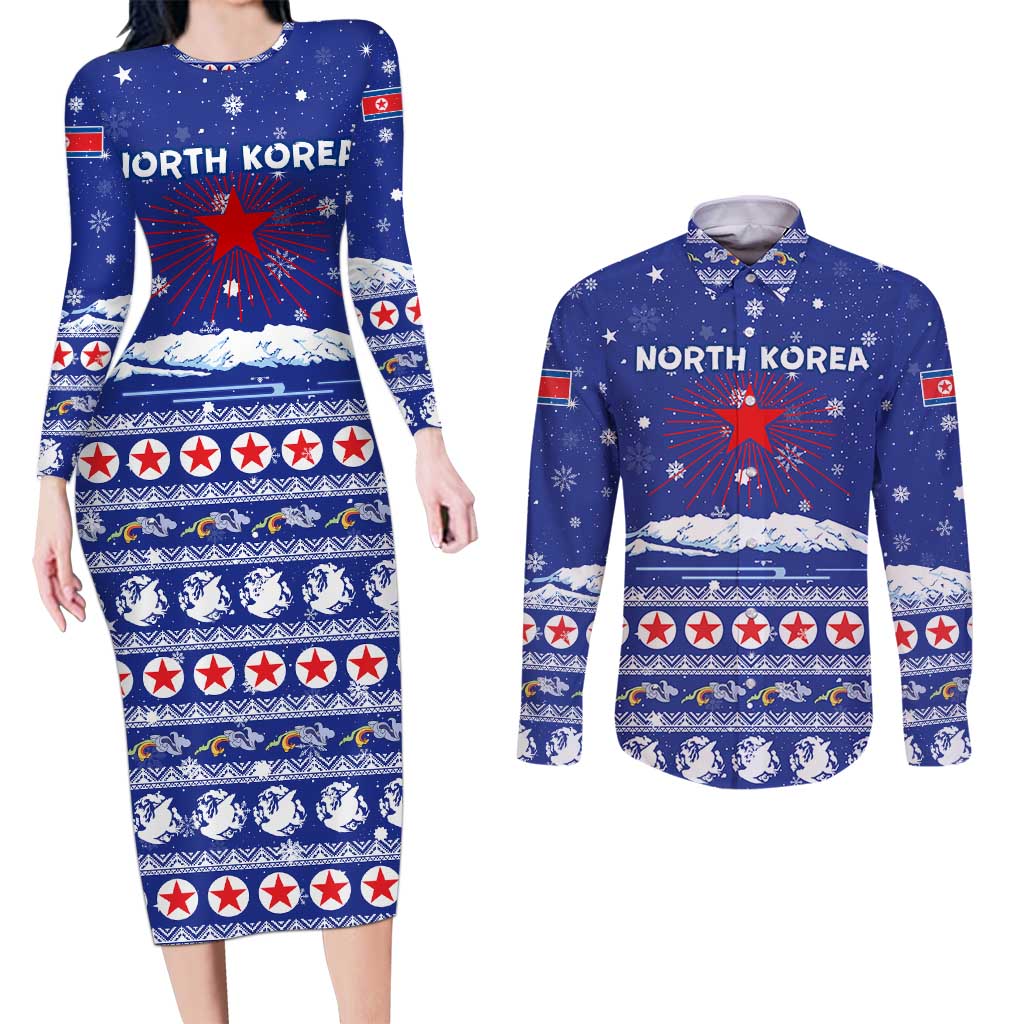 North Korea Christmas Couples Matching Long Sleeve Bodycon Dress and Long Sleeve Button Shirt with Blue Pattern, Red Star, and Snowy Mountain Motif - Wonder Print Shop