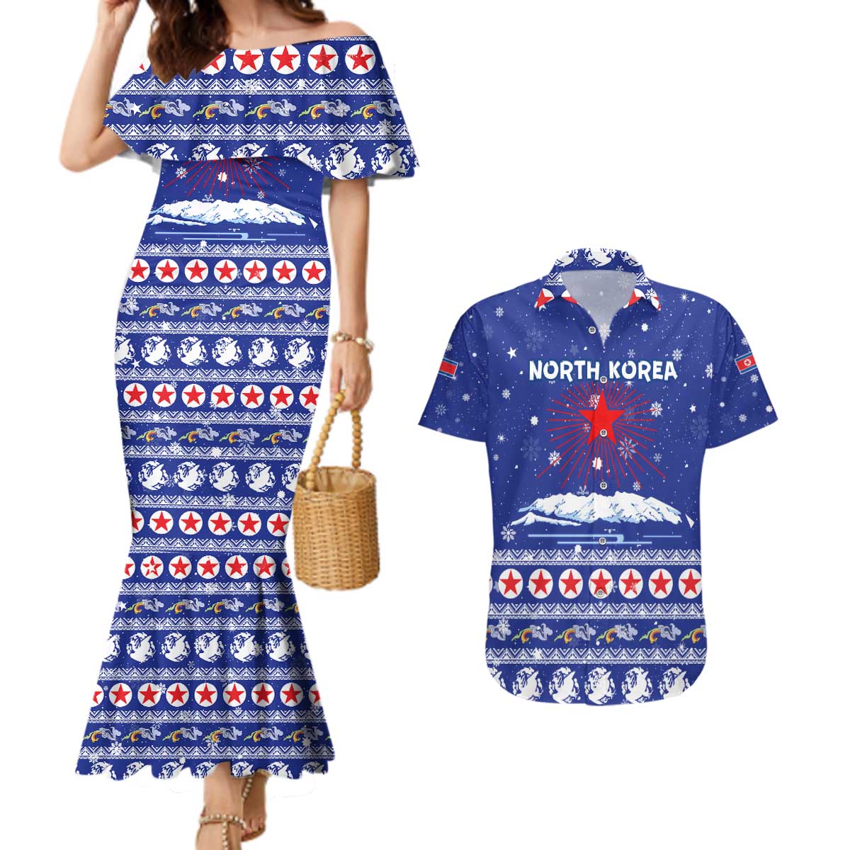 North Korea Christmas Couples Matching Mermaid Dress and Hawaiian Shirt with Blue Pattern, Red Star, and Snowy Mountain Motif - Wonder Print Shop