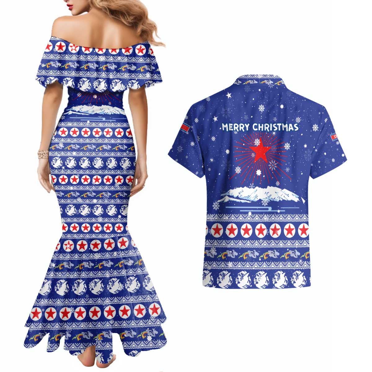 North Korea Christmas Couples Matching Mermaid Dress and Hawaiian Shirt with Blue Pattern, Red Star, and Snowy Mountain Motif - Wonder Print Shop