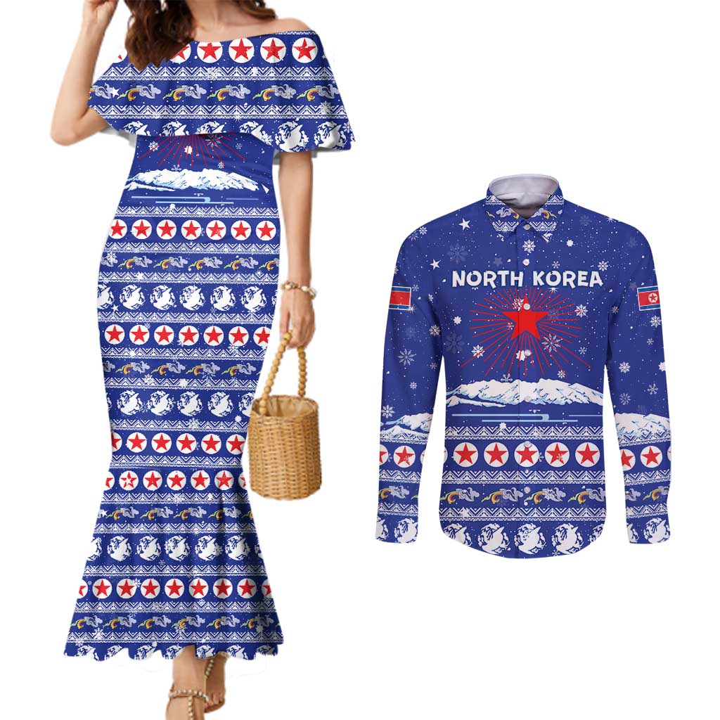 North Korea Christmas Couples Matching Mermaid Dress and Long Sleeve Button Shirt with Blue Pattern, Red Star, and Snowy Mountain Motif - Wonder Print Shop