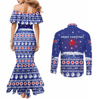 North Korea Christmas Couples Matching Mermaid Dress and Long Sleeve Button Shirt with Blue Pattern, Red Star, and Snowy Mountain Motif - Wonder Print Shop