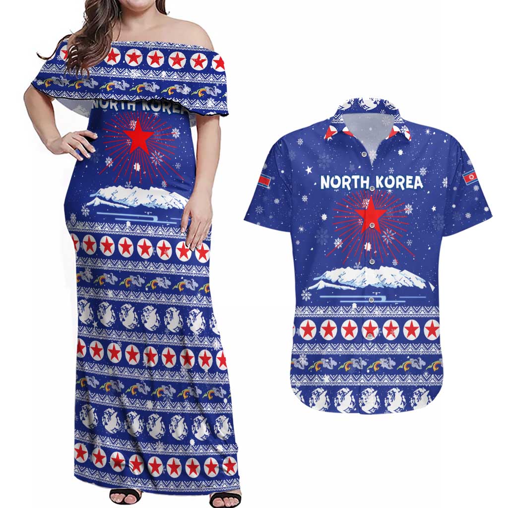 North Korea Christmas Couples Matching Off Shoulder Maxi Dress and Hawaiian Shirt with Blue Pattern, Red Star, and Snowy Mountain Motif - Wonder Print Shop