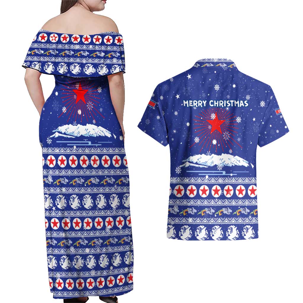 North Korea Christmas Couples Matching Off Shoulder Maxi Dress and Hawaiian Shirt with Blue Pattern, Red Star, and Snowy Mountain Motif - Wonder Print Shop