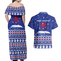 North Korea Christmas Couples Matching Off Shoulder Maxi Dress and Hawaiian Shirt with Blue Pattern, Red Star, and Snowy Mountain Motif - Wonder Print Shop