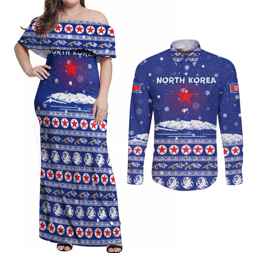 North Korea Christmas Couples Matching Off Shoulder Maxi Dress and Long Sleeve Button Shirt with Blue Pattern, Red Star, and Snowy Mountain Motif - Wonder Print Shop