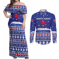 North Korea Christmas Couples Matching Off Shoulder Maxi Dress and Long Sleeve Button Shirt with Blue Pattern, Red Star, and Snowy Mountain Motif - Wonder Print Shop