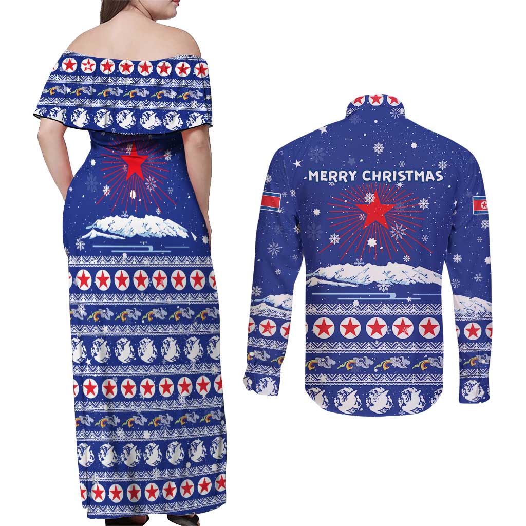 North Korea Christmas Couples Matching Off Shoulder Maxi Dress and Long Sleeve Button Shirt with Blue Pattern, Red Star, and Snowy Mountain Motif - Wonder Print Shop