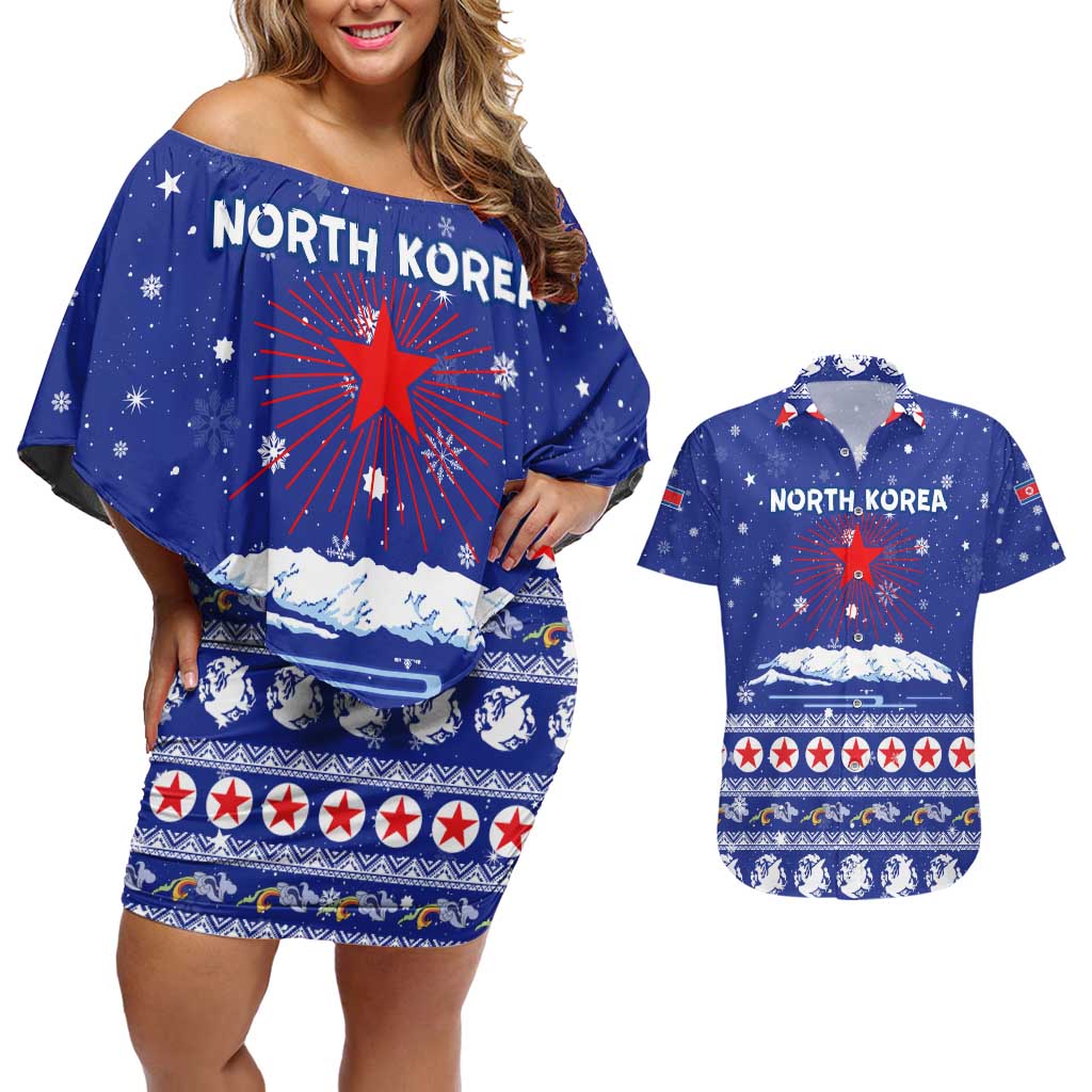 North Korea Christmas Couples Matching Off Shoulder Short Dress and Hawaiian Shirt with Blue Pattern, Red Star, and Snowy Mountain Motif - Wonder Print Shop