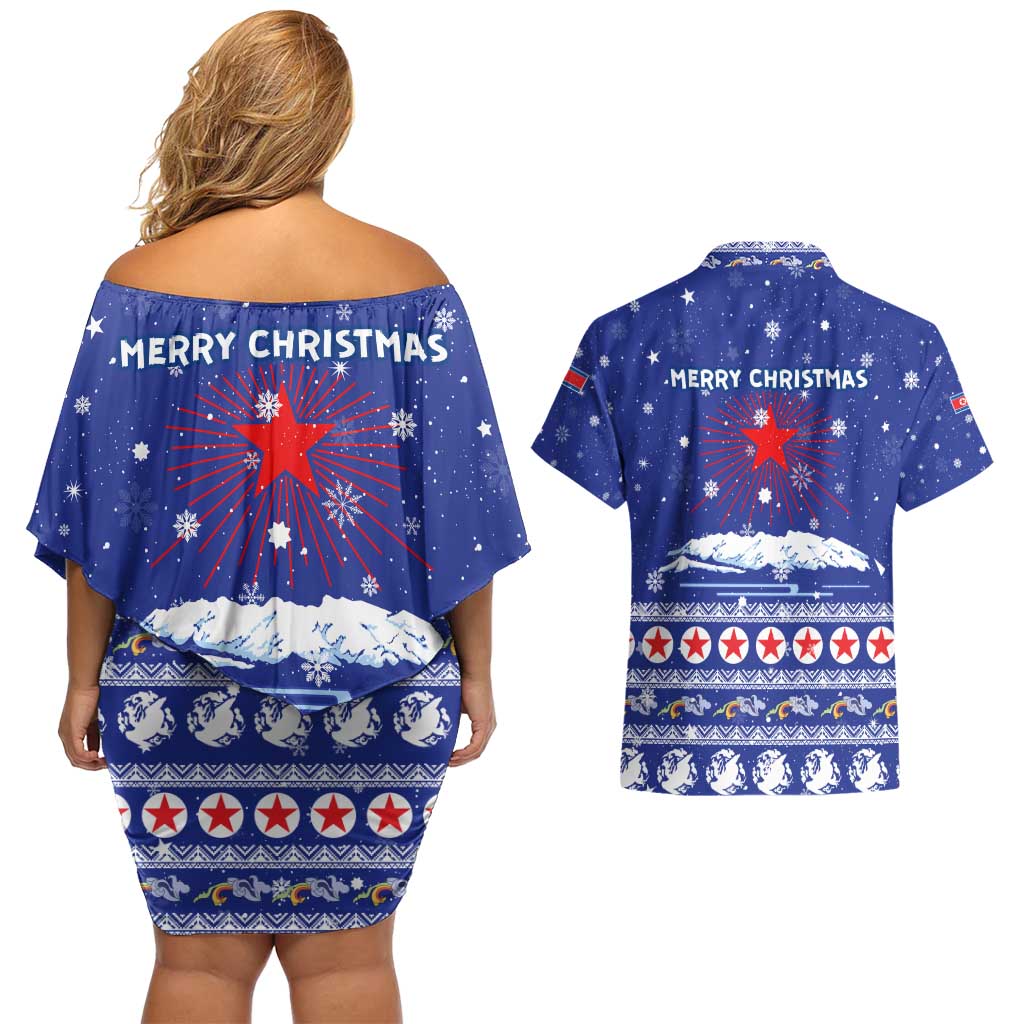 North Korea Christmas Couples Matching Off Shoulder Short Dress and Hawaiian Shirt with Blue Pattern, Red Star, and Snowy Mountain Motif - Wonder Print Shop
