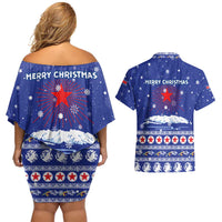 North Korea Christmas Couples Matching Off Shoulder Short Dress and Hawaiian Shirt with Blue Pattern, Red Star, and Snowy Mountain Motif - Wonder Print Shop