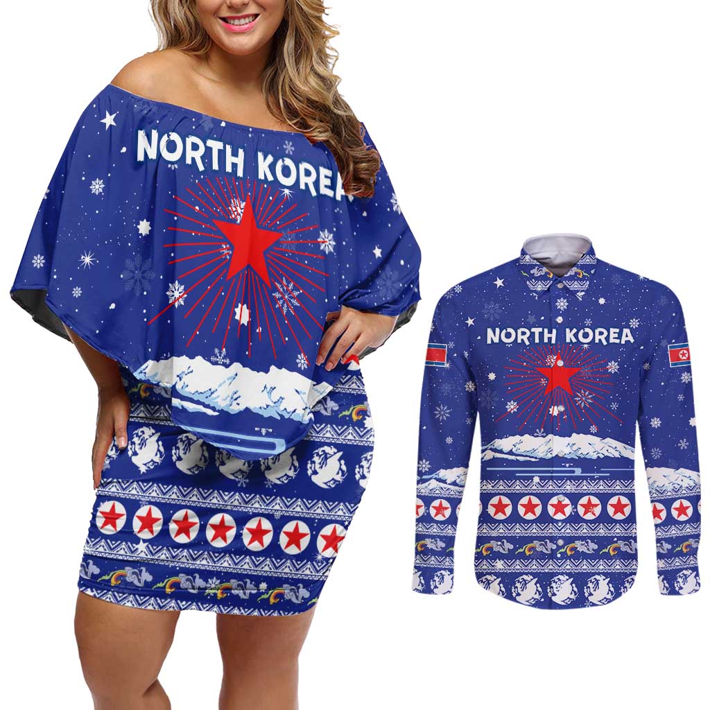 North Korea Christmas Couples Matching Off Shoulder Short Dress and Long Sleeve Button Shirt with Blue Pattern, Red Star, and Snowy Mountain Motif - Wonder Print Shop