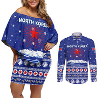North Korea Christmas Couples Matching Off Shoulder Short Dress and Long Sleeve Button Shirt with Blue Pattern, Red Star, and Snowy Mountain Motif - Wonder Print Shop