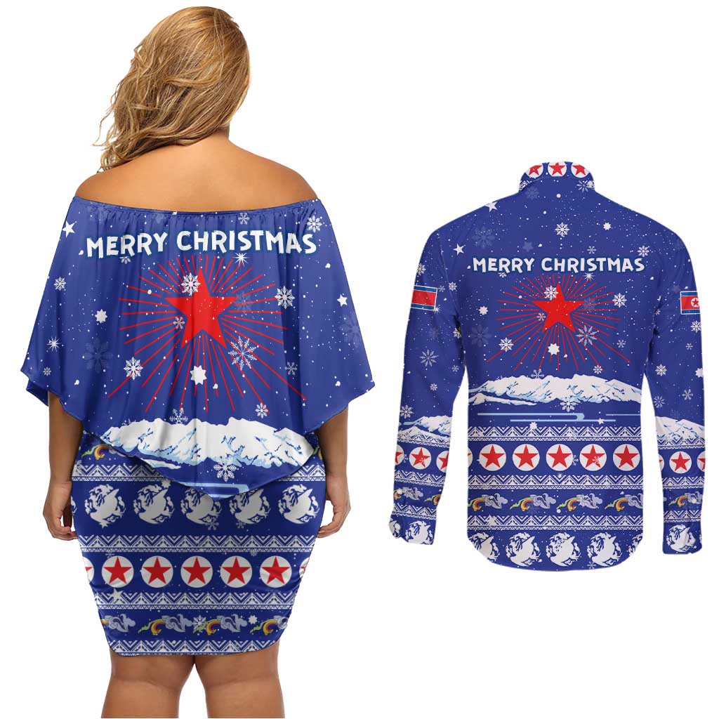 North Korea Christmas Couples Matching Off Shoulder Short Dress and Long Sleeve Button Shirt with Blue Pattern, Red Star, and Snowy Mountain Motif - Wonder Print Shop