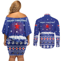 North Korea Christmas Couples Matching Off Shoulder Short Dress and Long Sleeve Button Shirt with Blue Pattern, Red Star, and Snowy Mountain Motif - Wonder Print Shop