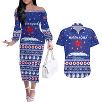 North Korea Christmas Couples Matching Off The Shoulder Long Sleeve Dress and Hawaiian Shirt with Blue Pattern, Red Star, and Snowy Mountain Motif - Wonder Print Shop