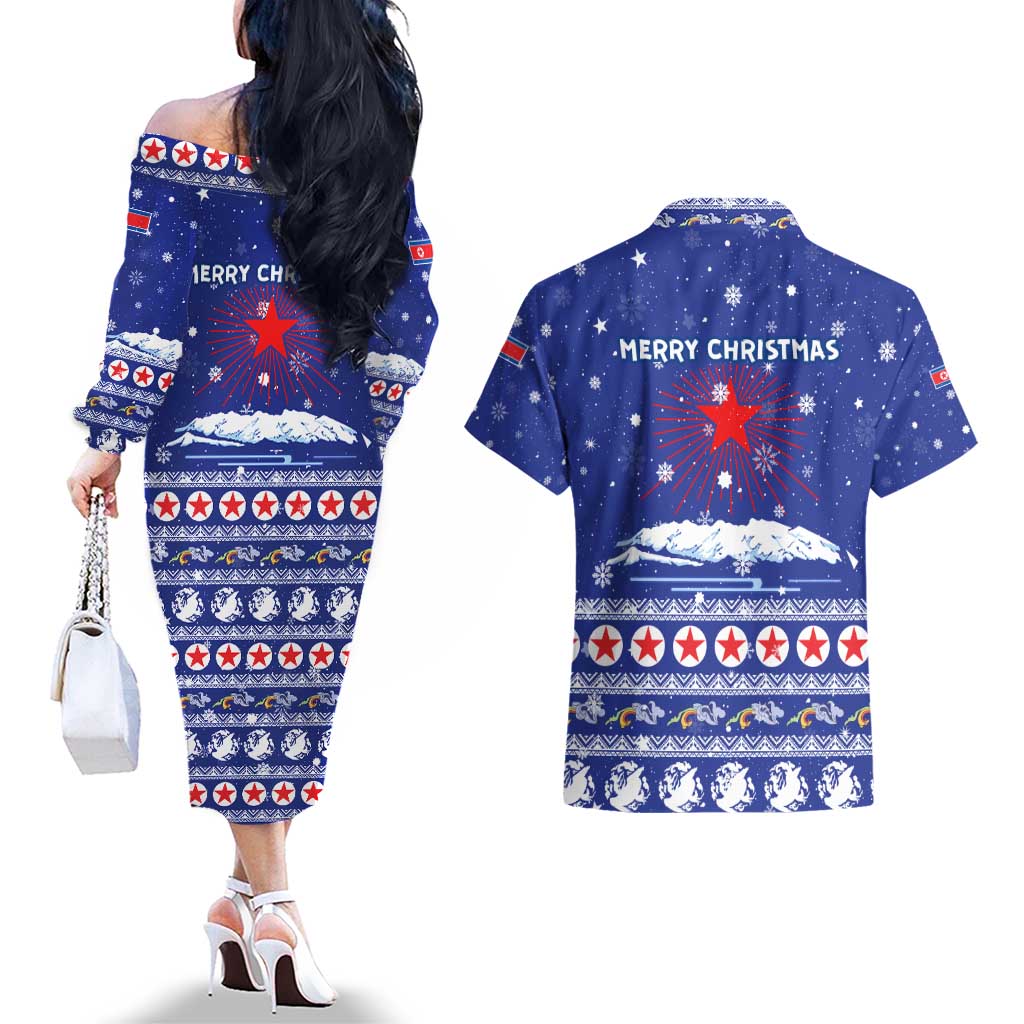North Korea Christmas Couples Matching Off The Shoulder Long Sleeve Dress and Hawaiian Shirt with Blue Pattern, Red Star, and Snowy Mountain Motif - Wonder Print Shop