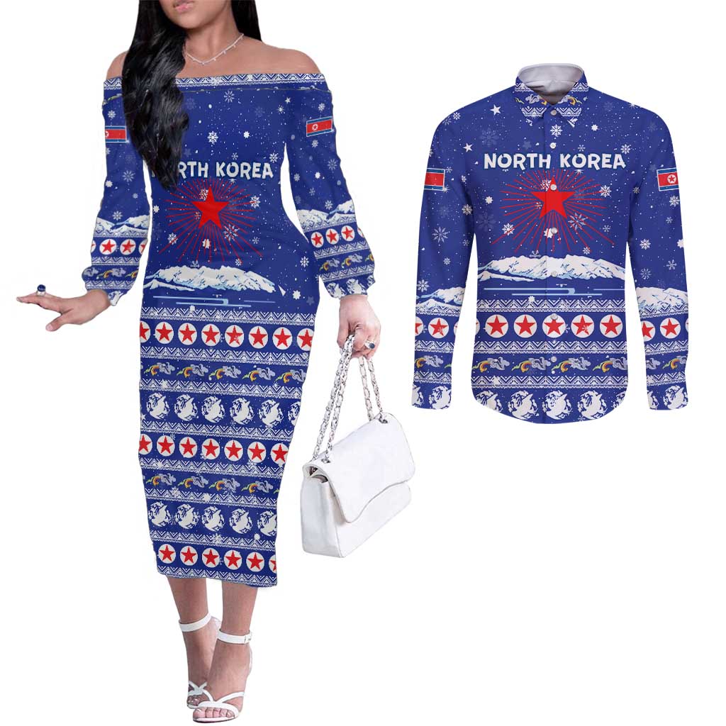 North Korea Christmas Couples Matching Off The Shoulder Long Sleeve Dress and Long Sleeve Button Shirt with Blue Pattern, Red Star, and Snowy Mountain Motif - Wonder Print Shop