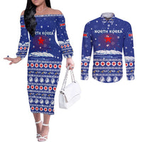 North Korea Christmas Couples Matching Off The Shoulder Long Sleeve Dress and Long Sleeve Button Shirt with Blue Pattern, Red Star, and Snowy Mountain Motif - Wonder Print Shop