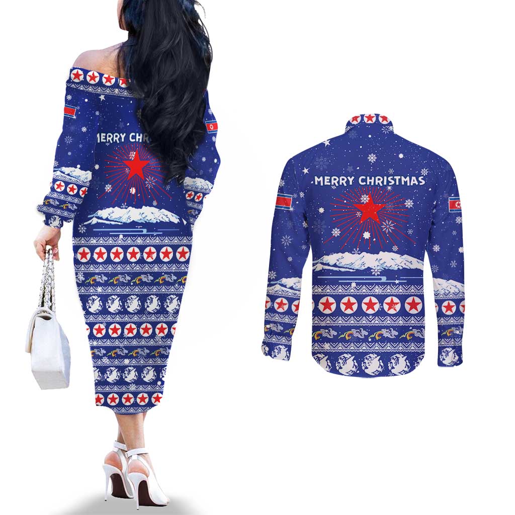 North Korea Christmas Couples Matching Off The Shoulder Long Sleeve Dress and Long Sleeve Button Shirt with Blue Pattern, Red Star, and Snowy Mountain Motif - Wonder Print Shop